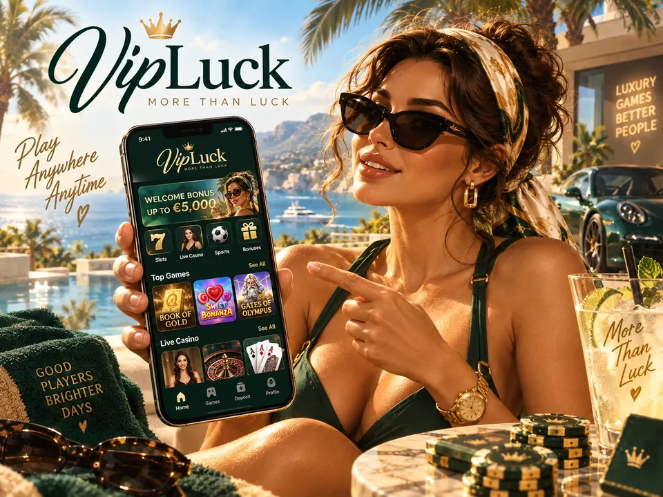 VipLuck mobile casino on a smartphone beside the coast