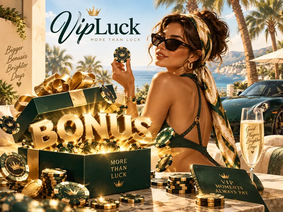 VipLuck welcome bonus artwork in a Riviera setting